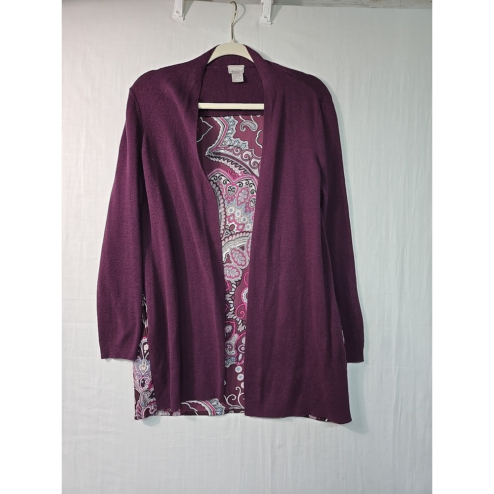 Chicos Open Front‎ Cardigan Women's 1 US M Pockets Purple Paisley Colorblock